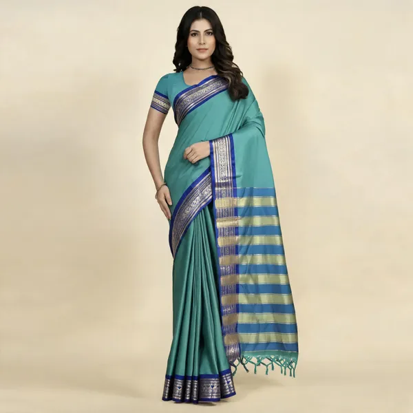 Teal_Cotton_Blend_Striped_Border_Saree_For_Women