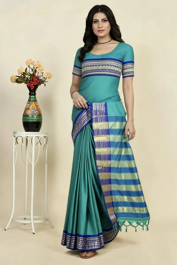 Teal_Cotton_Blend_Striped_Border_Saree_For_Women