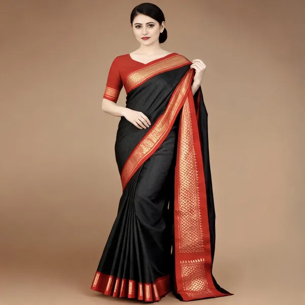 Black_Red_Cotton_Blend_Woven_Border_Saree_For_Women