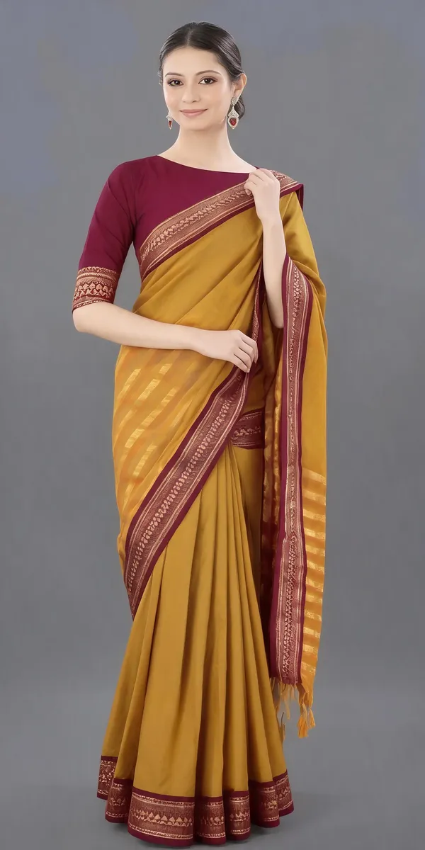 Mustard_Cotton_Blend_Woven_Maroon_Border_Saree_For_Women