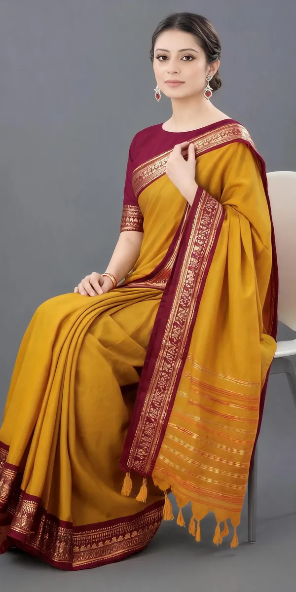 Mustard_Cotton_Blend_Woven_Maroon_Border_Saree_For_Women