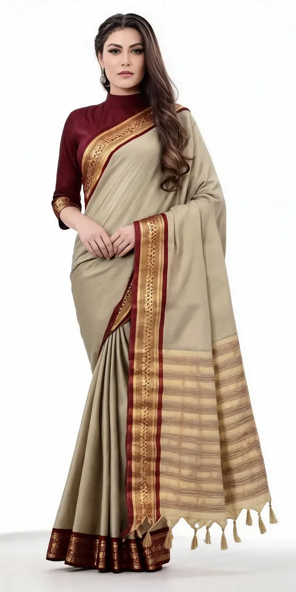 Beige_Cotton_Blend_Maroon_Gold_Border_Saree_For_Women