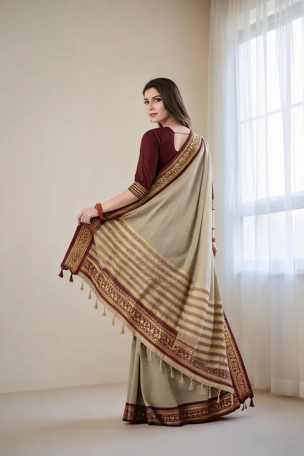 Beige_Cotton_Blend_Maroon_Gold_Border_Saree_For_Women