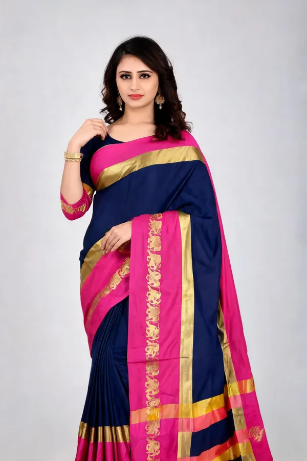 Pink_Navy_Blue_Cotton_Blend_Gold_Border_Saree_For_Women