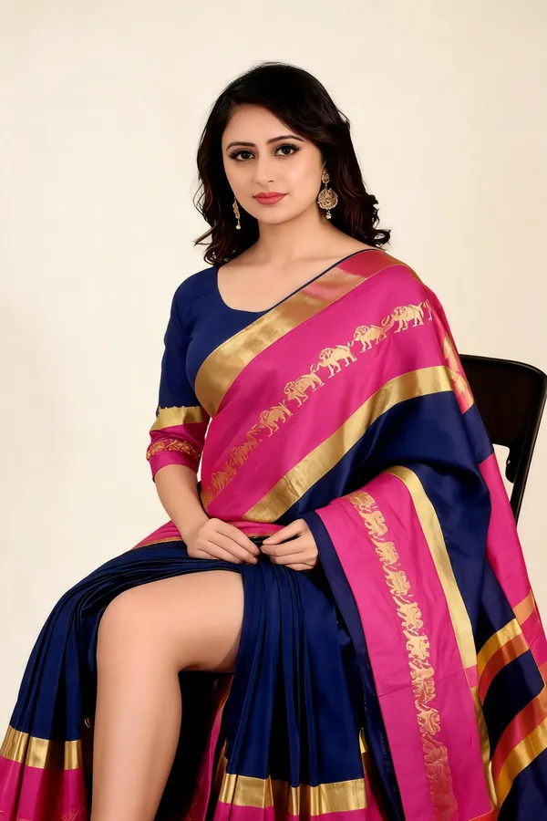 Pink_Navy_Blue_Cotton_Blend_Gold_Border_Saree_For_Women