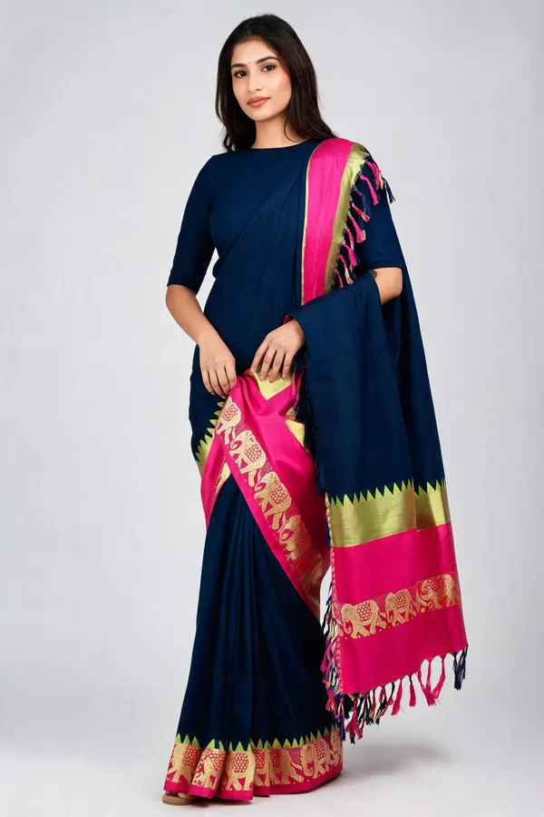 Navy_Blue_Pink_Cotton_Blend_Elephant_Border_Saree_For_Women