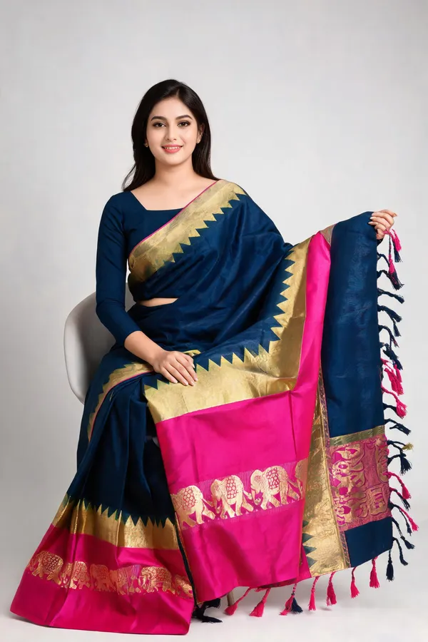 Navy_Blue_Pink_Cotton_Blend_Elephant_Border_Saree_For_Women
