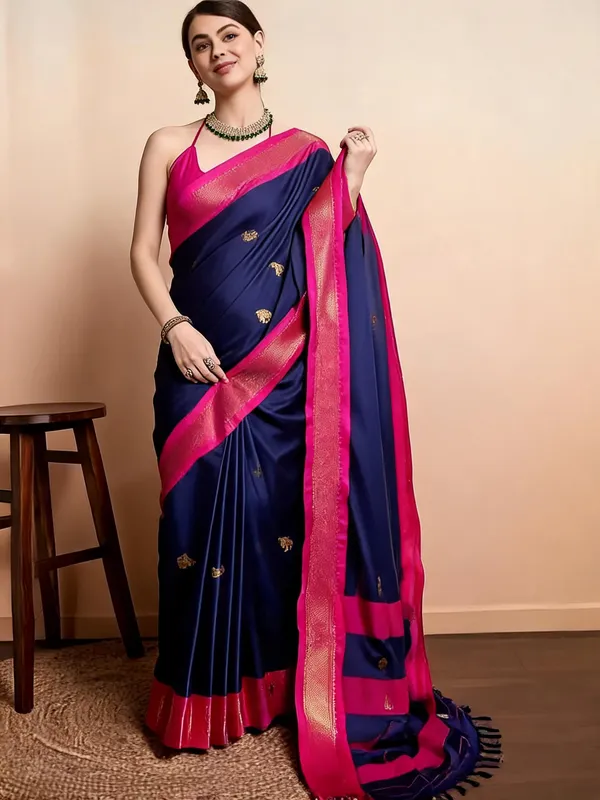 Blue_Cotton_Blend_Woven_Pink_Border_Saree_For_Women