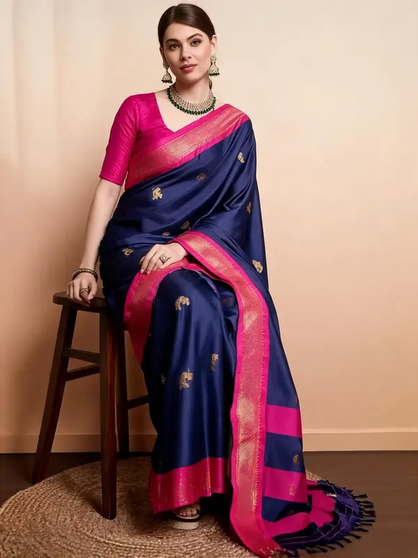Blue_Cotton_Blend_Woven_Pink_Border_Saree_For_Women