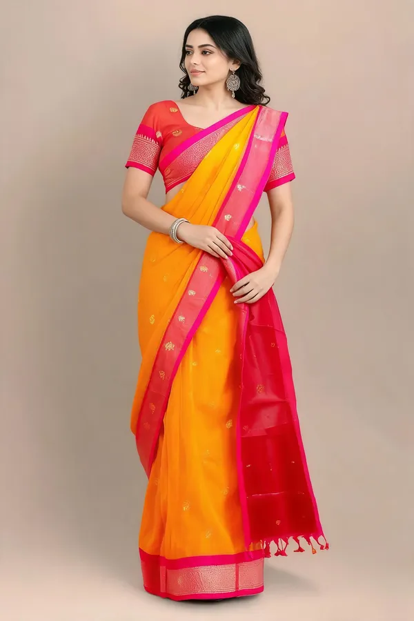 Orange_And_Red_Cotton_Traditional_Saree_For_Women