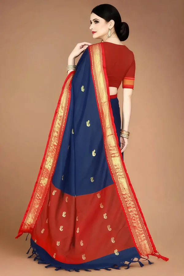 Navy_Blue_Red_Cotton_Blend_Paisley_Saree_For_Women