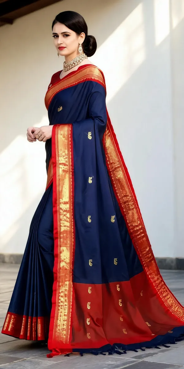 Navy_Blue_Red_Cotton_Blend_Paisley_Saree_For_Women
