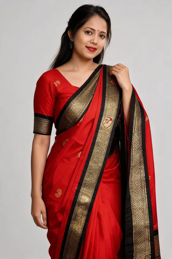 Red_Cotton_Blend_Woven_Black_Gold_Border_Saree_For_Women
