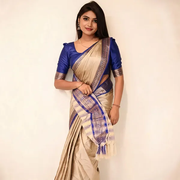 Beige_Cotton_Blend_Blue_Printed_Border_Saree_For_Women