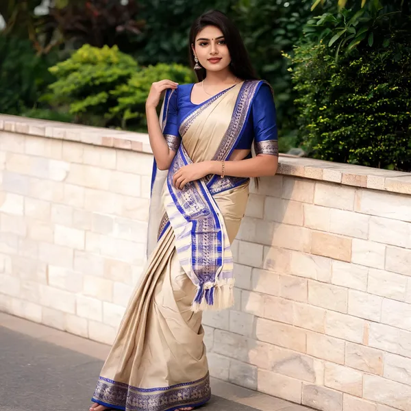 Beige_Cotton_Blend_Blue_Printed_Border_Saree_For_Women