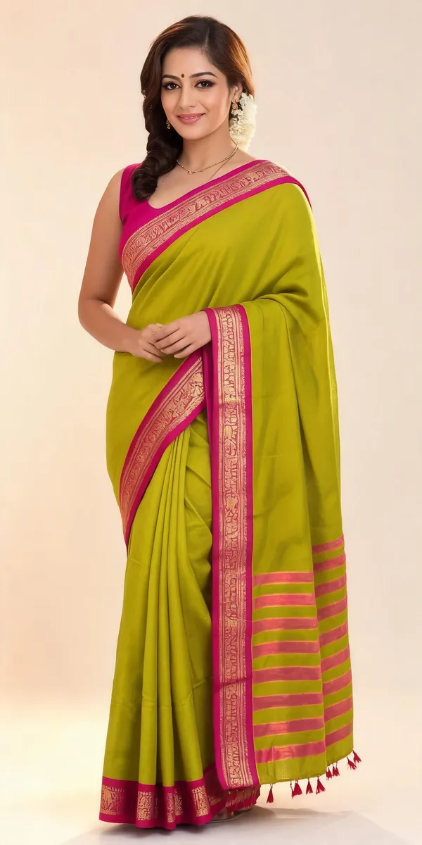 Lime_Green_Cotton_Blend_Magenta_Border_Saree_For_Women