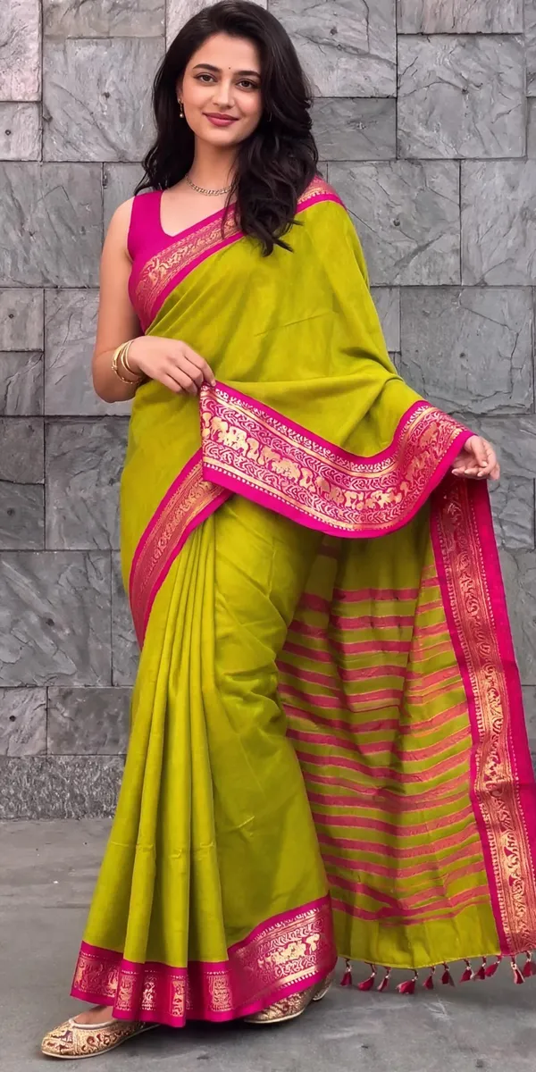 Lime_Green_Cotton_Blend_Magenta_Border_Saree_For_Women