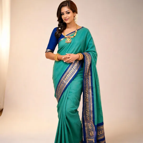 Green_Cotton_Blend_Gold_Border_Saree_For_Women