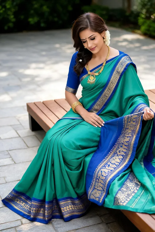 Green_Cotton_Blend_Gold_Border_Saree_For_Women