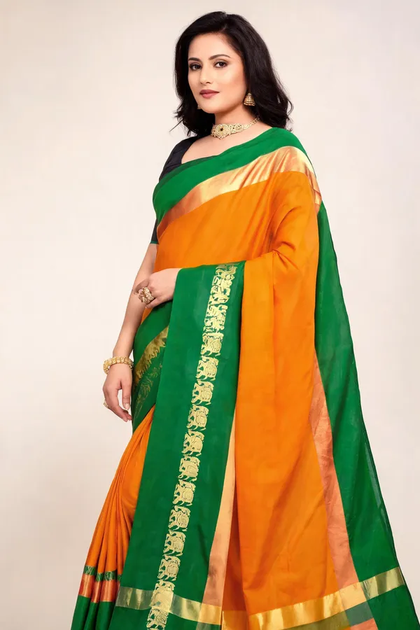 Orange_And_Green_Cotton_Woven_Border_Saree_For_Women