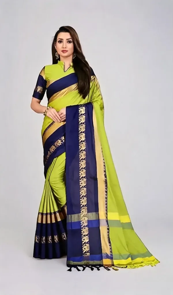 Lime_Green_Cotton_Blend_Woven_Traditional_Saree_For_Women