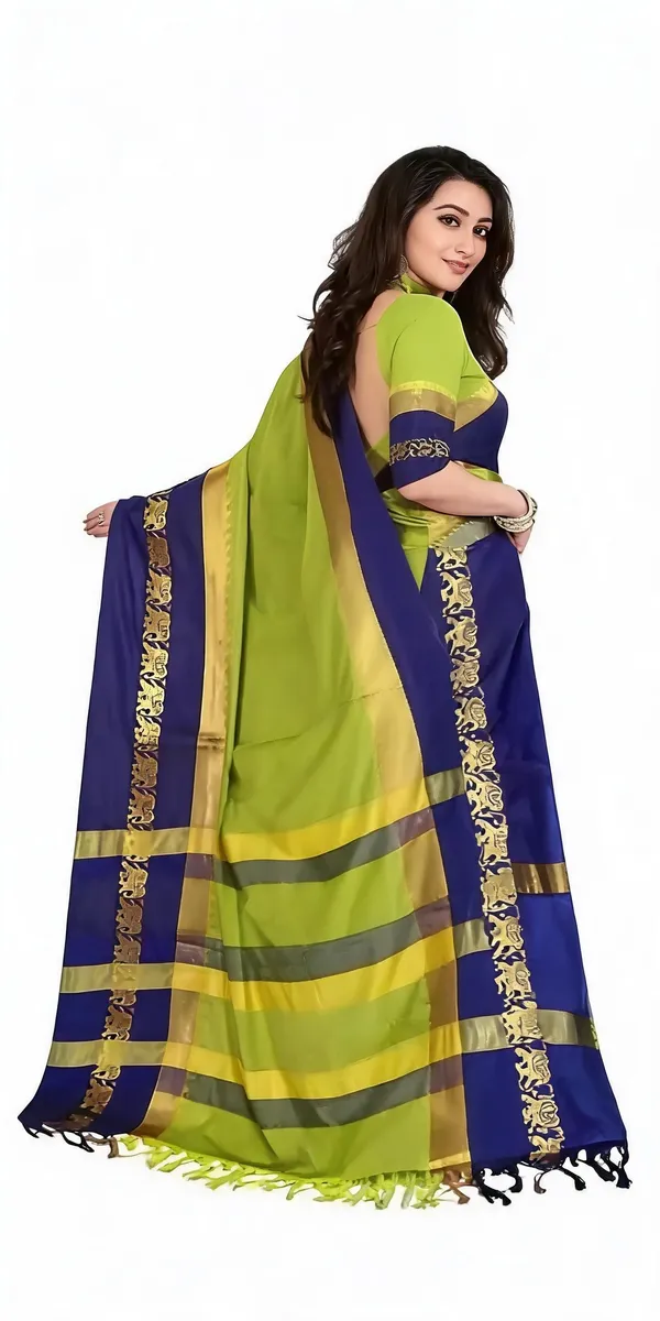 Lime_Green_Cotton_Blend_Woven_Traditional_Saree_For_Women