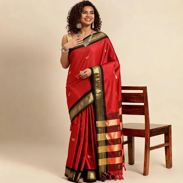 Red_Cotton_Woven_Traditional_Saree_For_Women