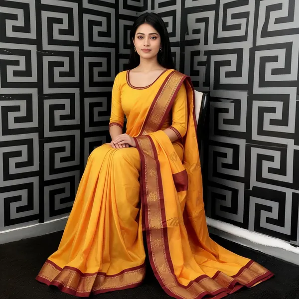 Yellow_Maroon_Border_Cotton_Traditional_Saree_For_Women