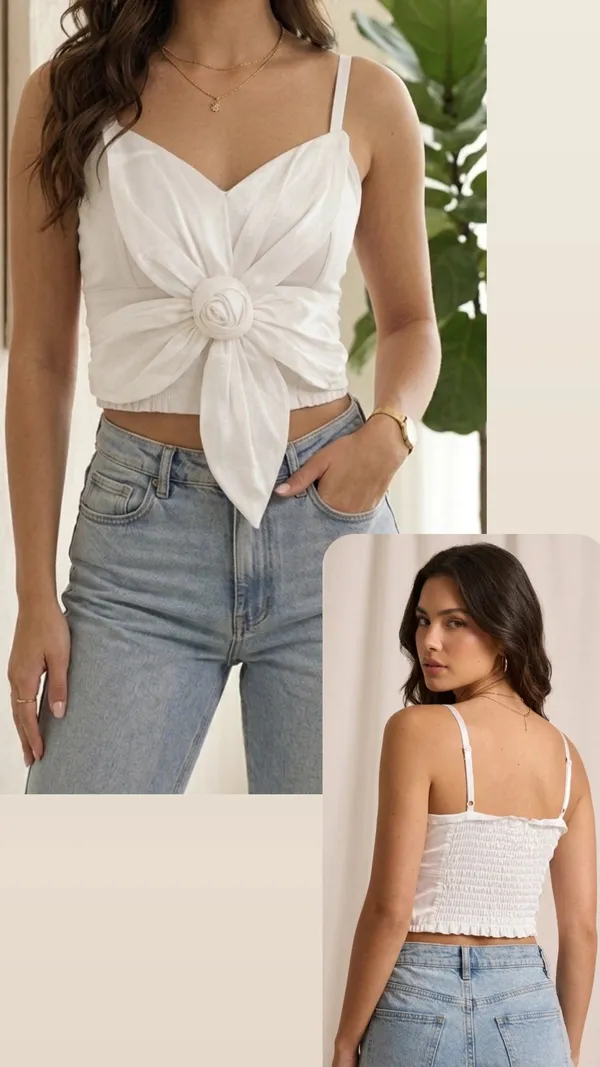 White_Jersey_Knit_Sweetheart_Rosette_Crop_Top_For_Women