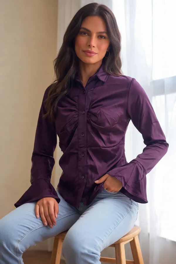 Wine_Satin_Ruched_Bell_Sleeve_Shirt_For_Women