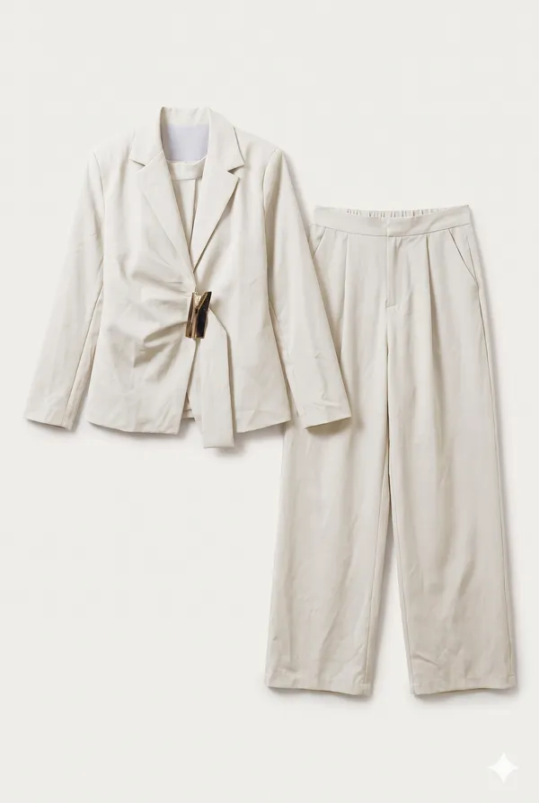 White_Poly-Viscose_Tailored_Blazer_Co-Ord_Set_For_Women