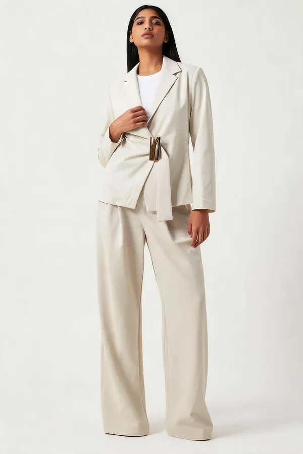 White_Poly-Viscose_Tailored_Blazer_Co-Ord_Set_For_Women