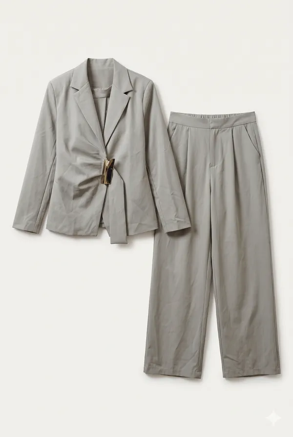 Grey_Poly-Viscose_Tailored_Blazer_Co-Ord_Set_For_Women