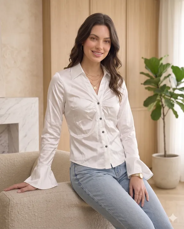 White_Satin_Ruched_Button-Down_Shirt_For_Women