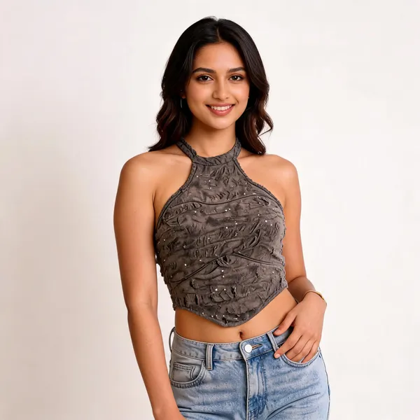 Gray_Jacquard_Knit_Halter_Neck_Sequin_Crop_Top_For_Women