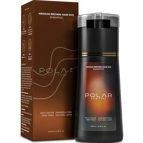 POLAR_HAIR_CARE_-_Hair_Dye_Shampoo_for_Women_&_Men_-_Natural_Semi_Permanent_Color_Shampoo_for_Gray_Hair_Coverage,_Vegan_-_Instant_Dye_200_ml-_Medium_Brown