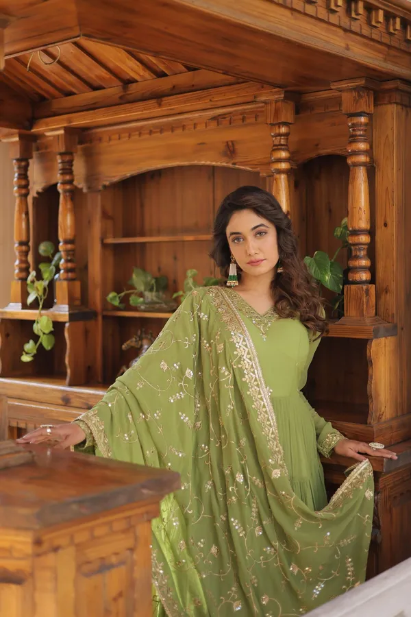 Green_Faux_Georgette_Designer_Gown_With_Sequined_Dupatta_Fully_Flared_Elegant_Ready_To_Wear_Set