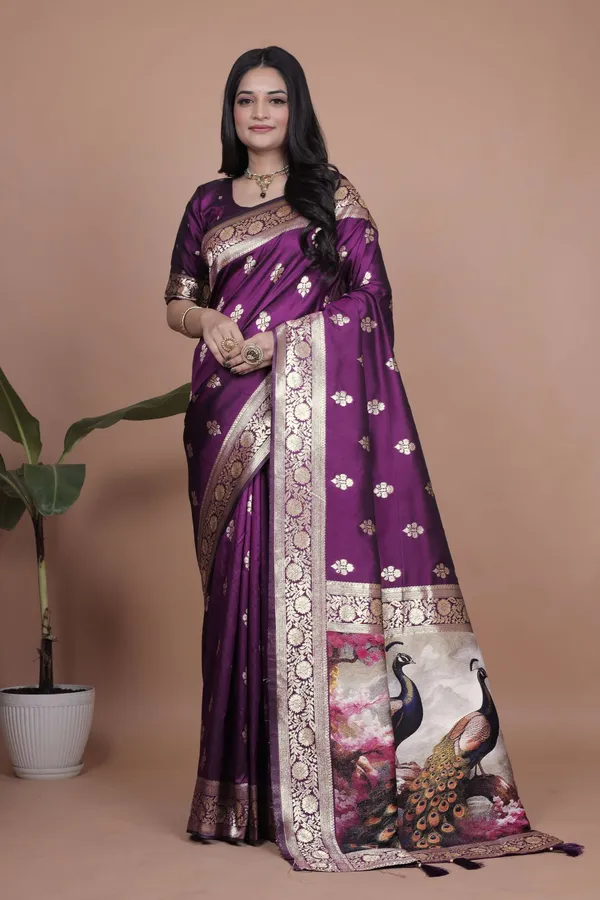 Royal_Purple_Banarasi_Silk_Saree_With_Golden_Zari_Peacock_Pallu_Wedding_Festive_Traditional_Wear