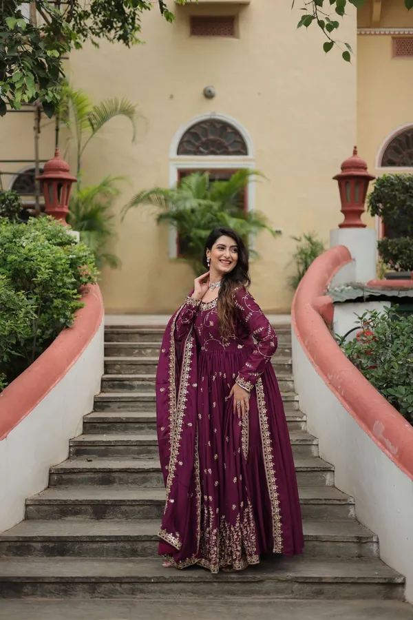 Wine_Premium_Chinon_Sequins_Embroidered_Kurti_With_Sharara_Dupatta_Set