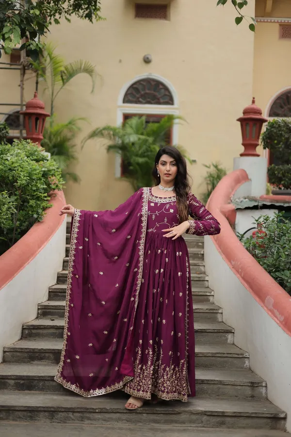 Wine_Premium_Chinon_Sequins_Embroidered_Kurti_With_Sharara_Dupatta_Set