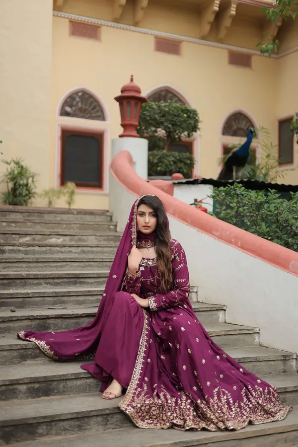 Wine_Premium_Chinon_Sequins_Embroidered_Kurti_With_Sharara_Dupatta_Set