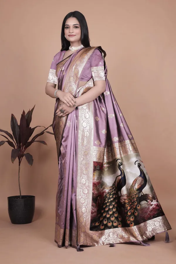 Lavender_Banarasi_Silk_Saree_With_Golden_Zari_Peacock_Motif_Pallu_Wedding_Festive_Traditional_Wear