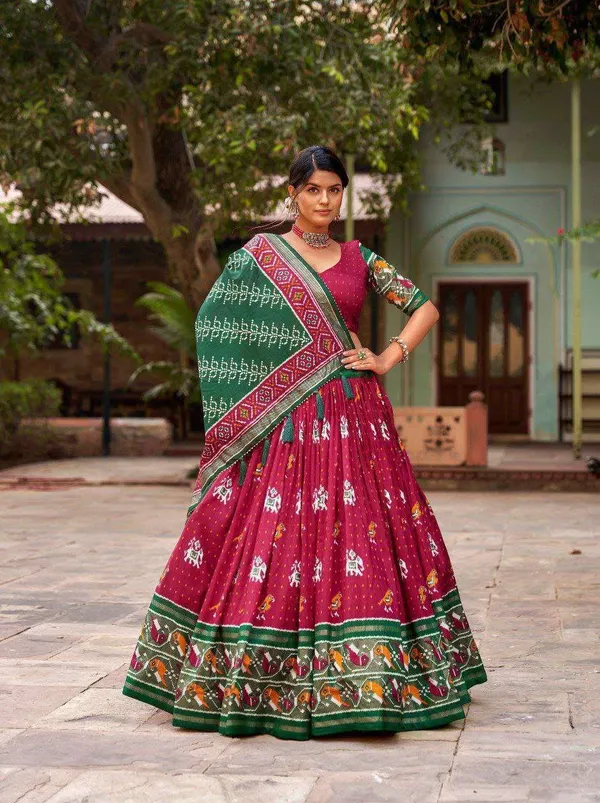 Maroon_Tussar_Silk_Lehenga_Choli_With_Green_Blouse_Patola_Print_Foil_Work_Wedding_Festive_Wear