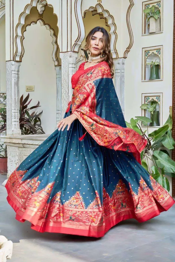 Teal_Blue_Dola_Silk_Lehenga_Choli_With_Red_Blouse_Bandhej_Ajarakh_Print_Wedding_Festive_Wear