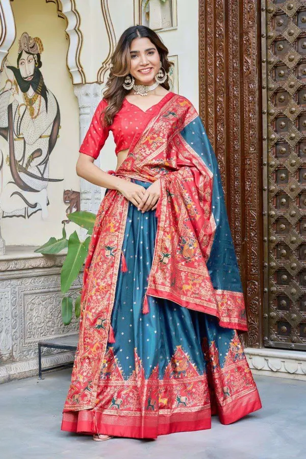 Teal_Blue_Dola_Silk_Lehenga_Choli_With_Red_Blouse_Bandhej_Ajarakh_Print_Wedding_Festive_Wear