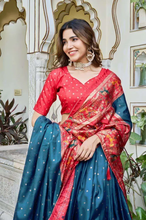 Teal_Blue_Dola_Silk_Lehenga_Choli_With_Red_Blouse_Bandhej_Ajarakh_Print_Wedding_Festive_Wear