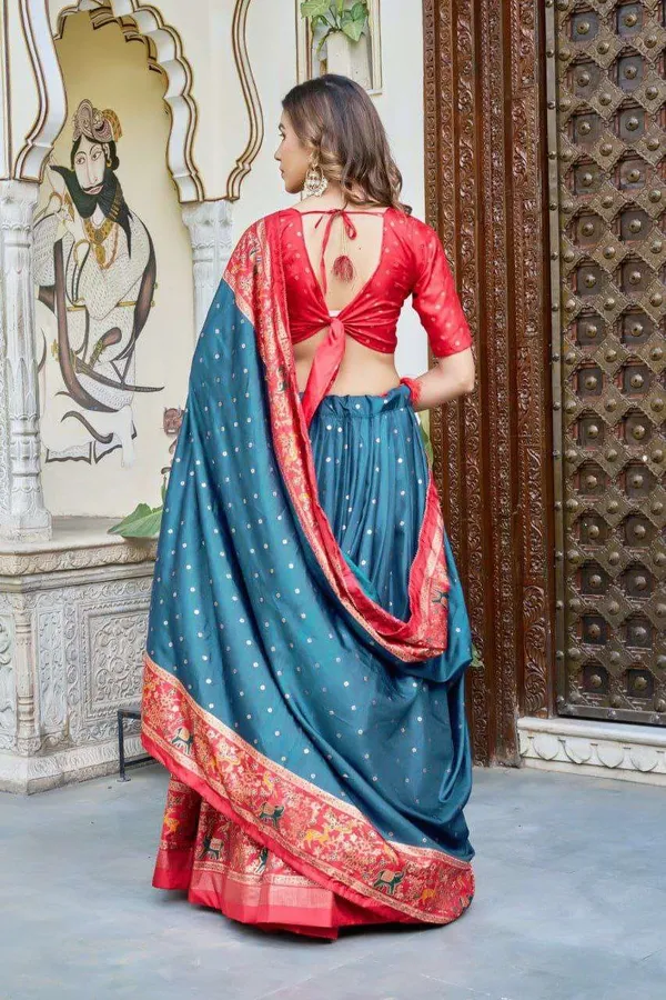 Teal_Blue_Dola_Silk_Lehenga_Choli_With_Red_Blouse_Bandhej_Ajarakh_Print_Wedding_Festive_Wear