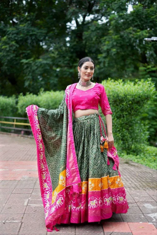 Bottle_Green_Dola_Silk_Lehenga_Choli_With_Pink_Blouse_Bandhej_Ajarakh_Print_Wedding_Festive_Wear