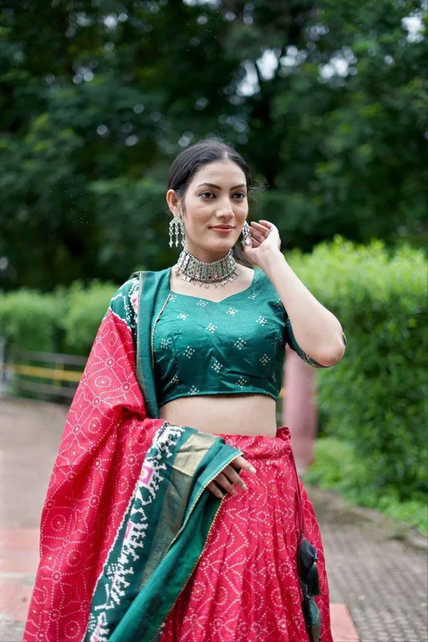 Bottle_Green_Dola_Silk_Lehenga_Choli_With_Pink_Blouse_Bandhej_Ajarakh_Print_Wedding_Festive_Wear