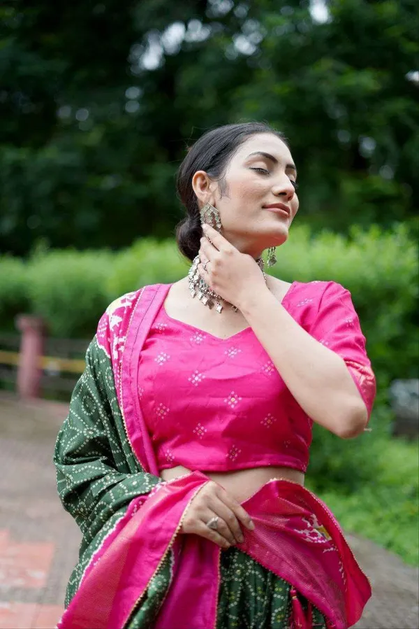Bottle_Green_Dola_Silk_Lehenga_Choli_With_Pink_Blouse_Bandhej_Ajarakh_Print_Wedding_Festive_Wear